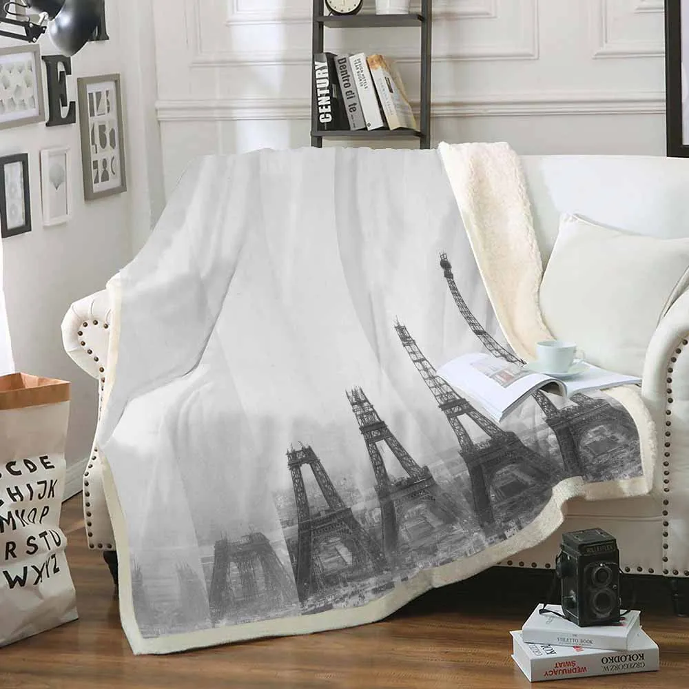 Фланелевое Флисовое одеяло с 3D изображением Эйфелевой башни черно-белое