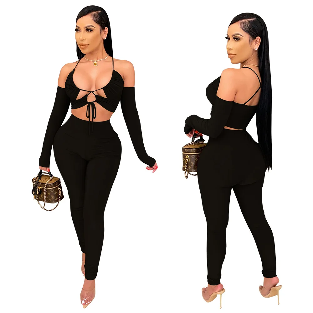 

Oluolin Women's Trouser Suits Sexy 2 Piece Sets Solid Lace Up Backless Off Shoulder Summer Outfits Tracksuit Clubwear Streetwear