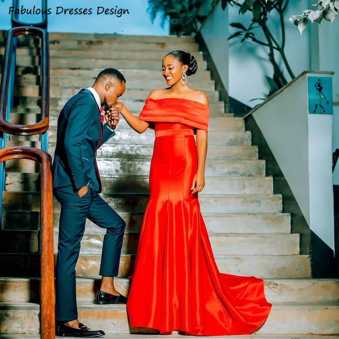

Red Mermaid Evening Dresses Off Shoulder Boat Neck Sweep Train African Women Long Party Dress Formal Gown