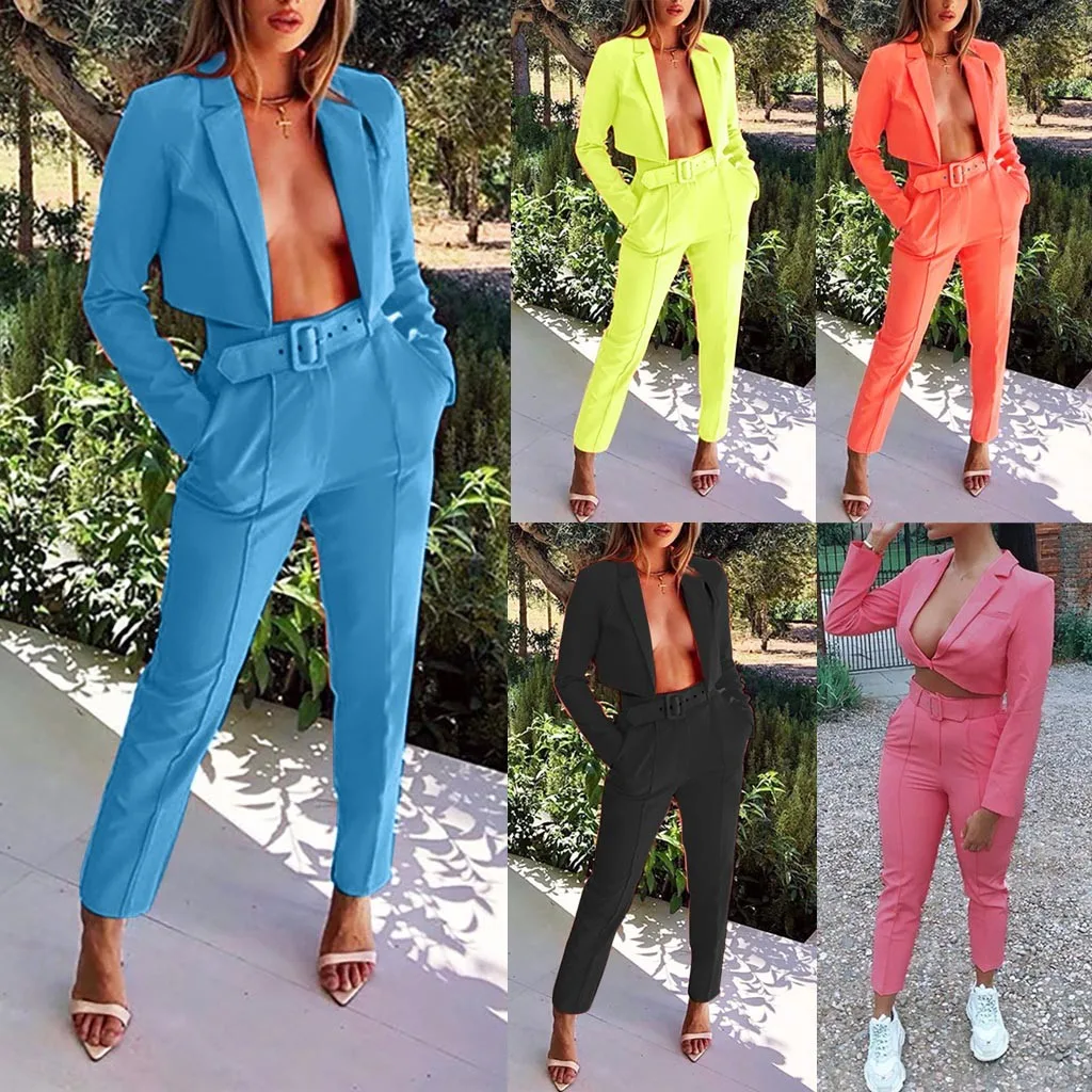 

sexy women suits with pants Solid club party costume women suit with belt cropped blazer d91004