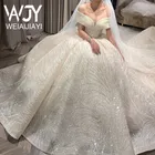 Блестящее длинное свадебное платье со шлейфом, с открытыми плечами и пайетками, на шнуровке, свадебное платье с кружевами