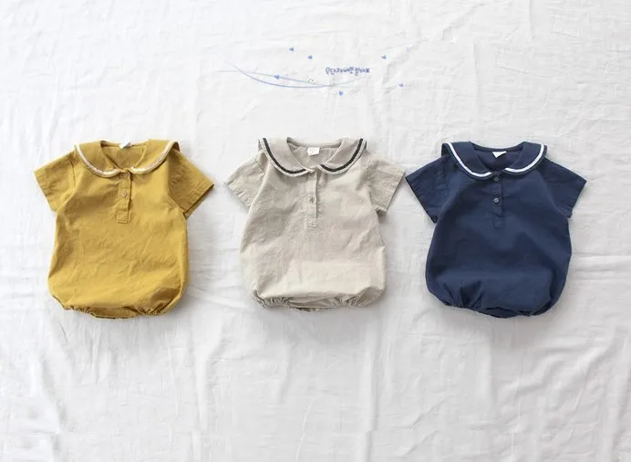 Детский хлопковый комбинезон с коротким рукавом отложным воротником|Боди для