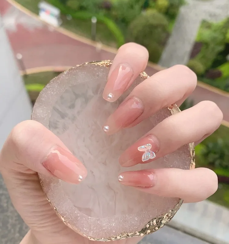 

24pcs Pearl Inlaid Nail Patch Glue Type Removable Mid Length Paragraph Fashion Manicure Save Time False Nail Patch TO