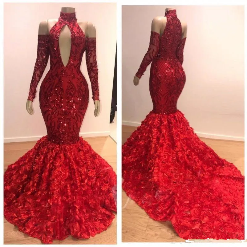 Charming Mermaid Red Prom Dresses 2020 Ruched Rose Court Train Evening Dress High Neck Off Shoulder Long Sleeves Party Dress