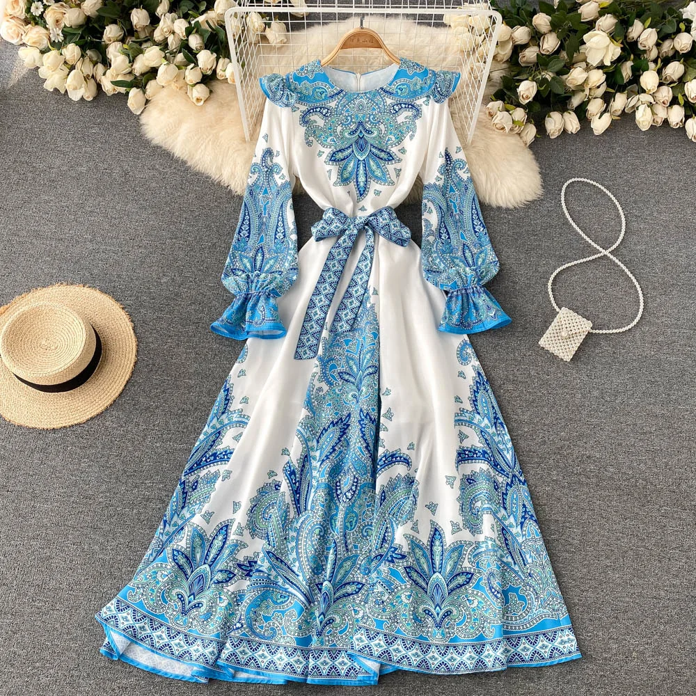 

Elegant Fashion Puff Sleeve Maxi Dress Shirt Women 2022 Spring Autumn Floral Printed National Trench Design Bohemian Casual