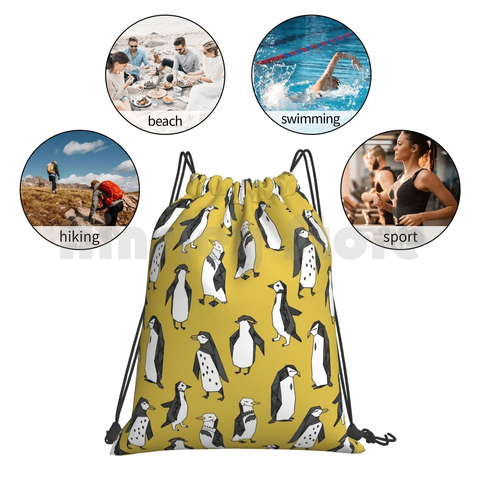 

Penguins-Mustard By Andrea Lauren Backpack Drawstring Bags Gym Bag Waterproof Pattern Penguin Bird Andrea Lauren