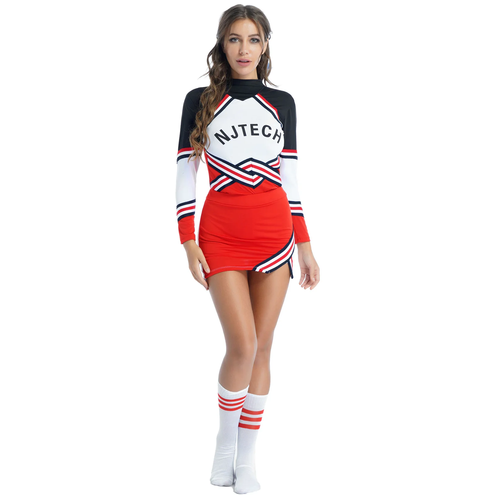 

Women School Girls Cheerleader Uniform Role Play Costume Long Sleeve Striped T-shirt with Mini Skirt Bowknot Headwear Stocking
