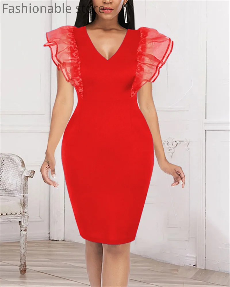

OL Style Solid Color V-Neck Sleeveless Ruffles Bodycon Dress