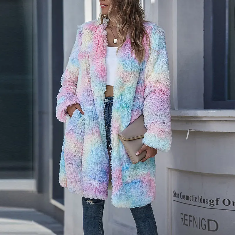 

Autumn and Winter Warm Loose Long Coat Causal Long-sleeved Multicolor Plus Size Fluffy Coat Women's Coat