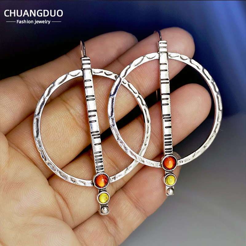 2022 New Hammer Plated 925 Vintage Thai Silver Large Ring Earrings Retro Exaggerated Earrings Inlaid with Colored Gemstones Gift