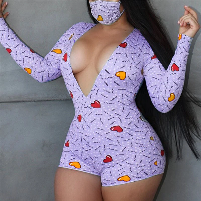 

Spring Autumn Womens Sexy V Neck Long Sleeve Bodycon Casual Love Heart Print Button Jumpsuit Shorts Romper Face Cover Bodysuit