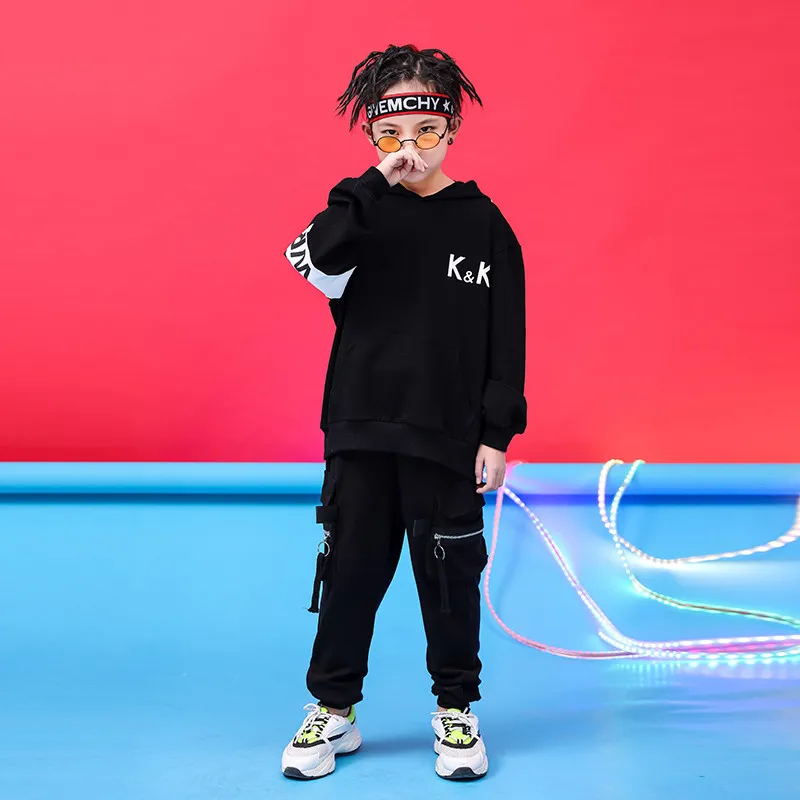 Black set Одежда для мальчиков, костюм, осенне-зимняя одежда для малышей, длинный плащ с капюшоном в стиле хип-хоп для мальчиков, детский трикотажный костюм, От 4 до 18 лет - Цвет: Black set