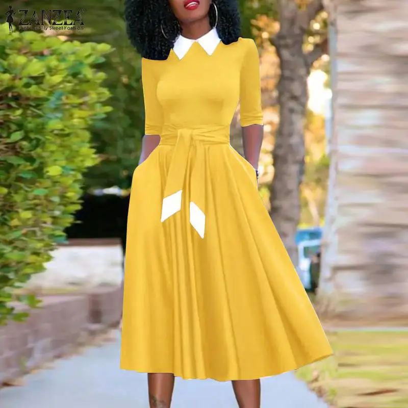 

Повседневный элегантный сарафан трапециевидной формы, осень 2022, модное винтажное однотонное платье с длинным рукавом, женское свободное пл...