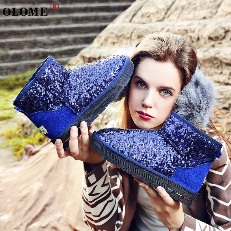 

2021 Hot Sale Women's Snow Boots Sequined Cloth Shoes Warm Plush Short Boots Round Toe Non-slip Boots Fashion Royal Blue