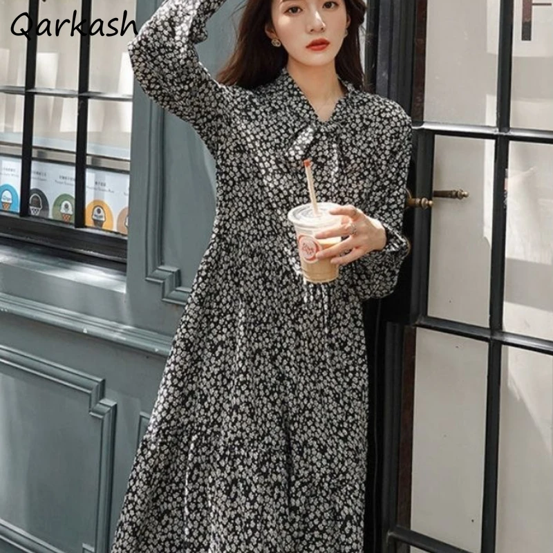 

Classic Floral Dress Women Trendy Elegant French Style Retro All-match Dresses Bow Design Lantern Sleeve Simple Gentle Chic Fit