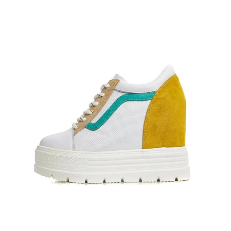 

2020 New Women Casual Shoes Women Fashion Sneakers Genuine Leather Lace-up 11cm Platform Thick Bottomed Spring Wedge Shoes