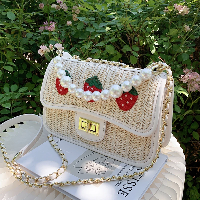 

Weave Small Totes With Pearl Handle 2021 Summer New PU Leather Women's Designer Handbag Chain Shoulder Messenger Bag Travel Bag