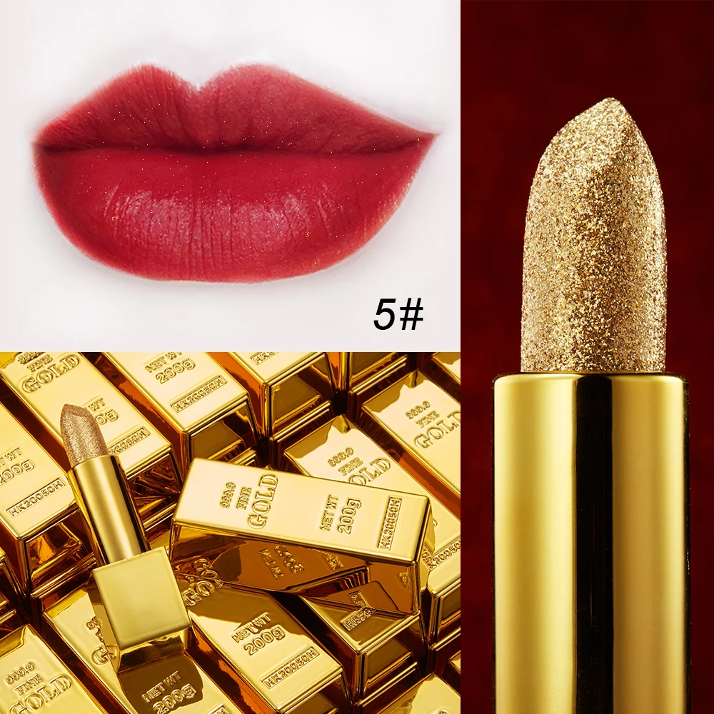 

lakerain 5 Colors Gold Lipstick with Glitter Lip Gloss Long Lasting Velvet Nude Lipstick Red Lip Matte Lipstick Waterproof