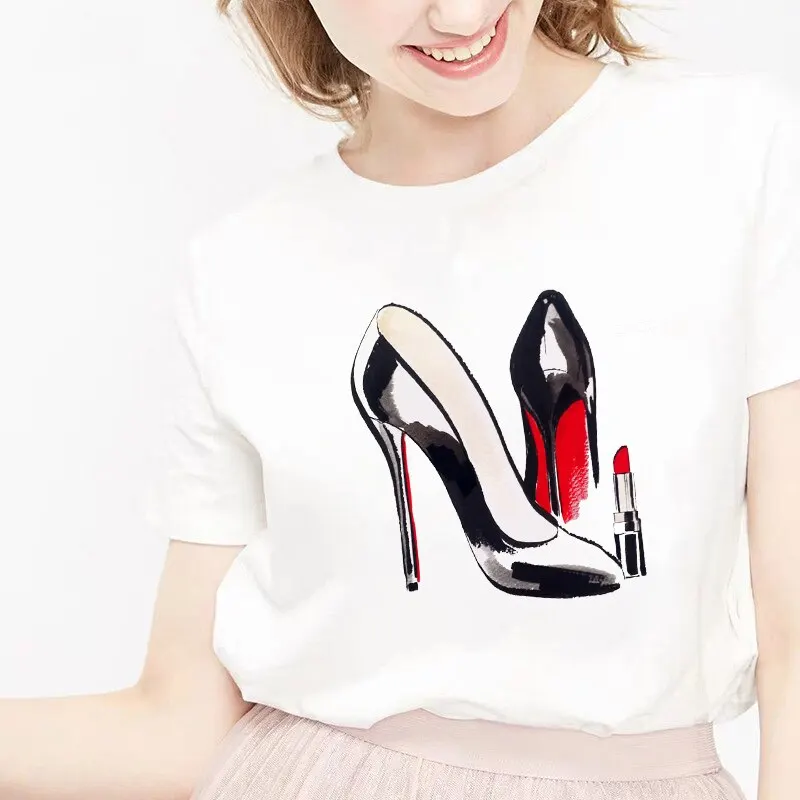Camiseta tacones Футболка Harajuku с коротким рукавом губа помада Высокий каблук Женская