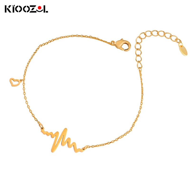 

KIOOZOL Hollow Stainless Steel Gold Color Anklet ECG Pattern Anklet For Women Summer Beach Jewelry 2021 New Arrival 020 KO2