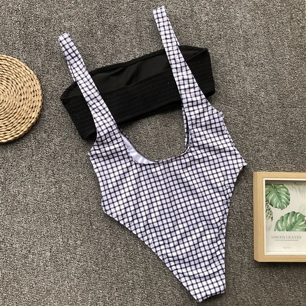 

Sexy Fold Plaid Swimwear Women 2019 New Arrival Two Piece Suit Backless One Piece Swimsuit Female Bodysuit Monokini L