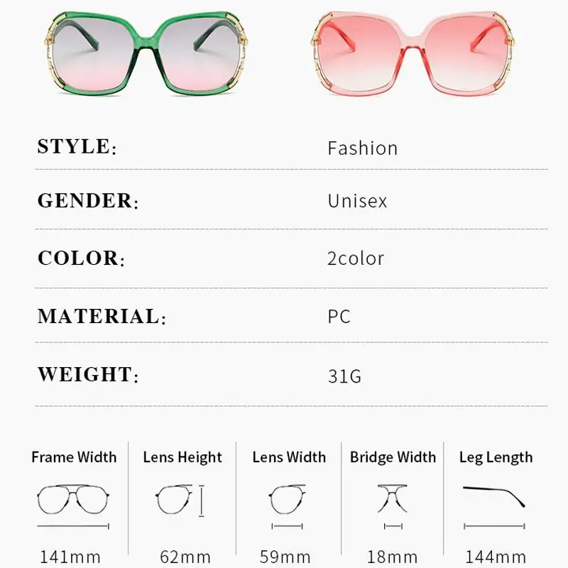 

Fashion Oversized Sunglasses Ladies Luxury Brand Big Frame Square Sun Glasses Female Gradient Eyeware Pink Green UV400 Oculos