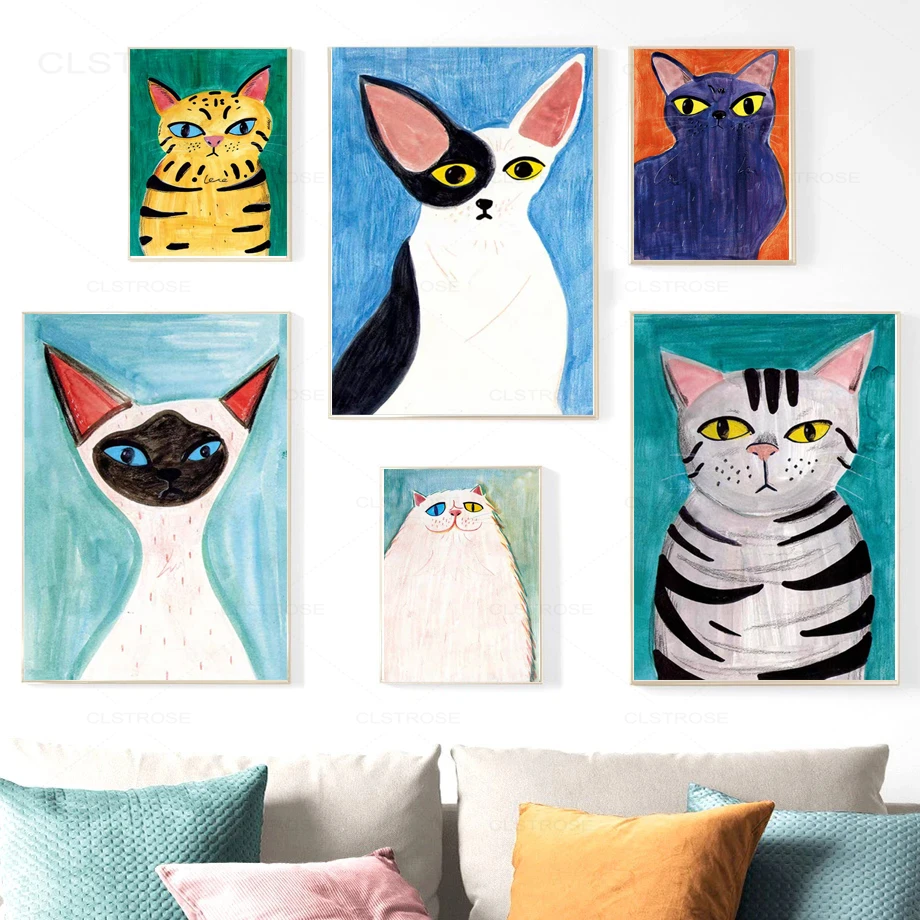 

Cartoon Cute Cat Poster Modern Canvas Painting Abstract Animals Wall Art Pictures for Nursery Kid's Bedroom Home Decoration