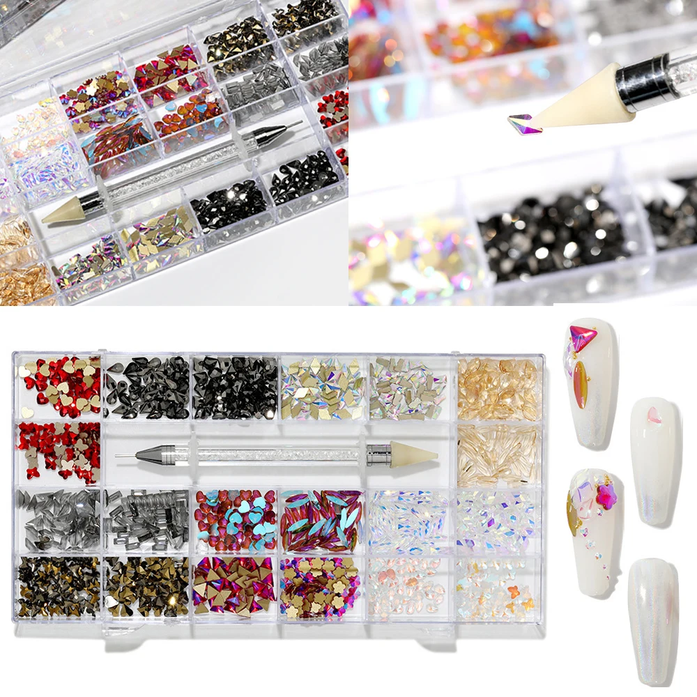 

2000 шт./кор. кристаллы для ногтей Стразы AB Стекло Стразы с плоской задней камни для разных размеров с 1 Палочки карандаш для макияжа Набор накл...