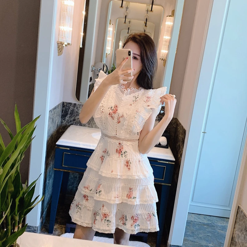 

2021 Summer Runway Women High Quality Vintage Floral Print Lace Patchwork Ruffles Mini Dresses Ladies Holiday Vacation Vestidos