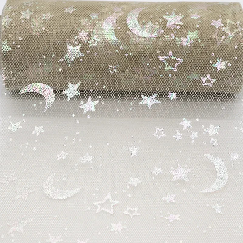 10 ярдов/рулон 6 &quot15 см Радужная серебряная фольга печать звезды и Луны тюль рулон
