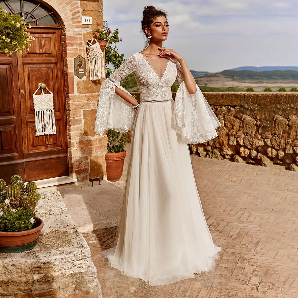 

Новинка Осень-зима модное кружевное платье с глубоким V-образным вырезом и длинным рукавом платье с широкой юбкой Сетчатое свадебное платье...