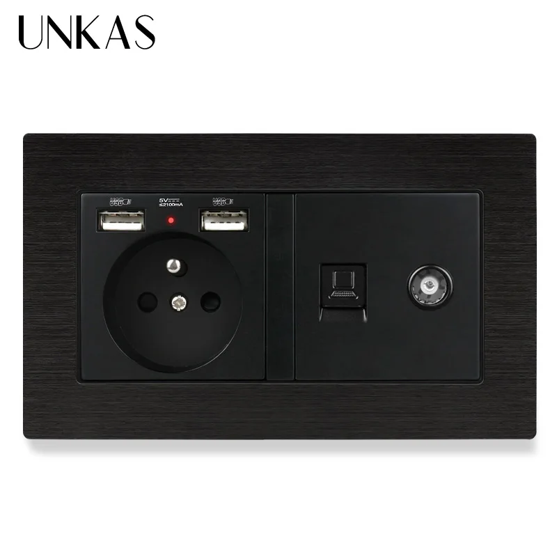 UNKAS алюминиевая панель матовая французская стандартная розетка с двумя USB