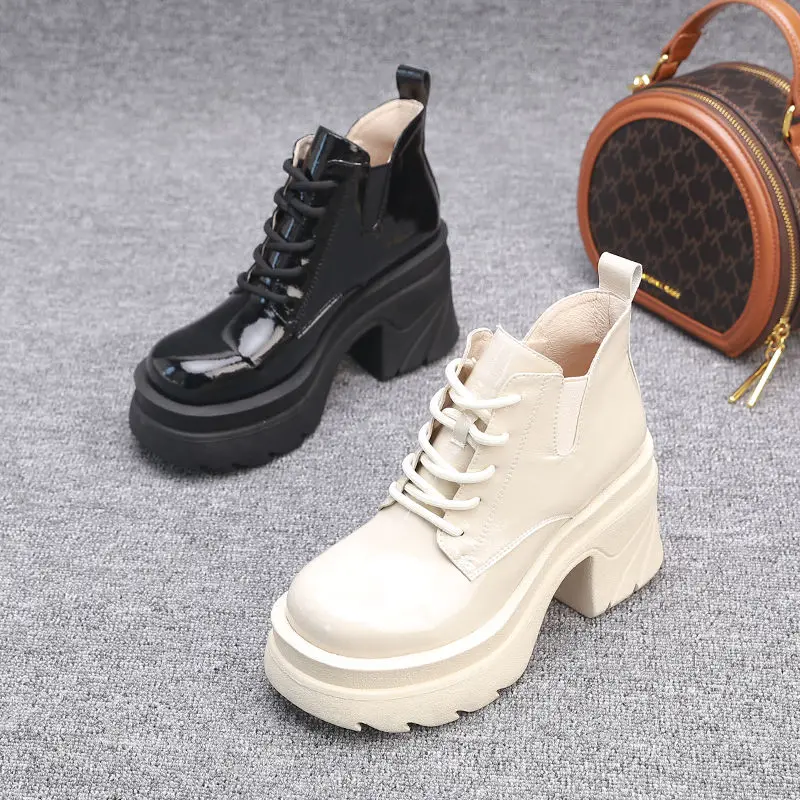 

Women's Genuine Patent Leather Chunky Heel Platform Flats Oxfords Square Toe Casual Punk Female Spring New Footwear Shoes Women