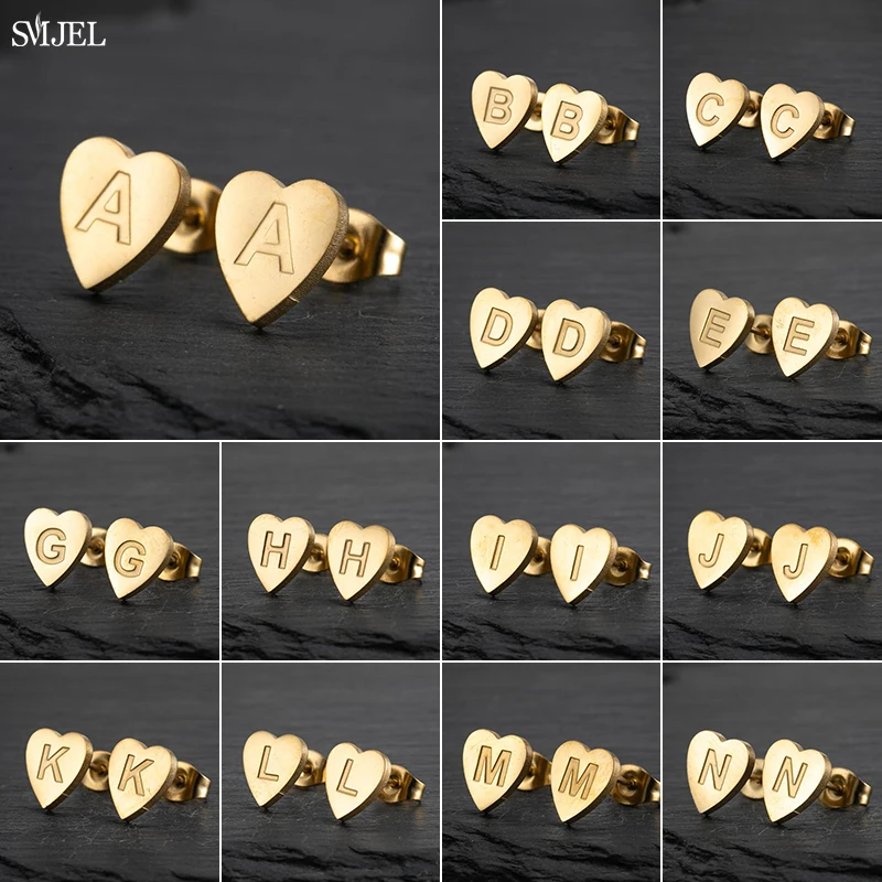 SMJEL 26 Letters Alphabet Gold Color Earrings Fashion Tiny Heart Initial Earring Personalize Letter Name Jewelry Accessories