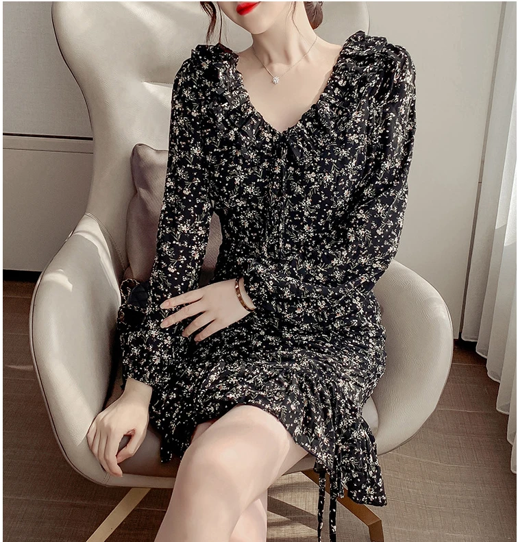 

Vintage Women Ruched Floral Mini Dress Long Sleeve Chic Korean Lady Slim Dresses Spring Autumn Fashion Vestidos B314