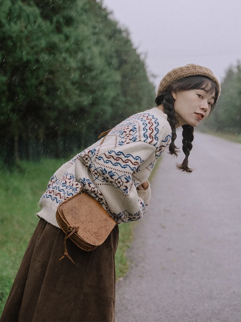 Женский свитер в этническом стиле Свободный вязаный пуловер ретро теплая