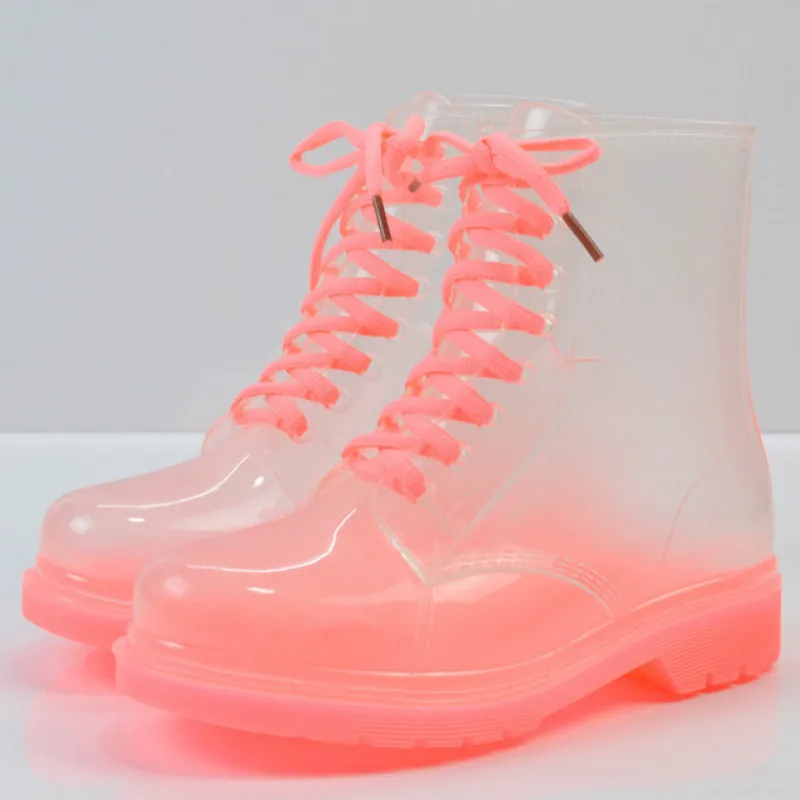 

Ankle Rain Boots Platform Lace Up Transparent Waterproof Rain Shoes Motorcycle Candy Colors Rainboots Fashion Woman Shoes
