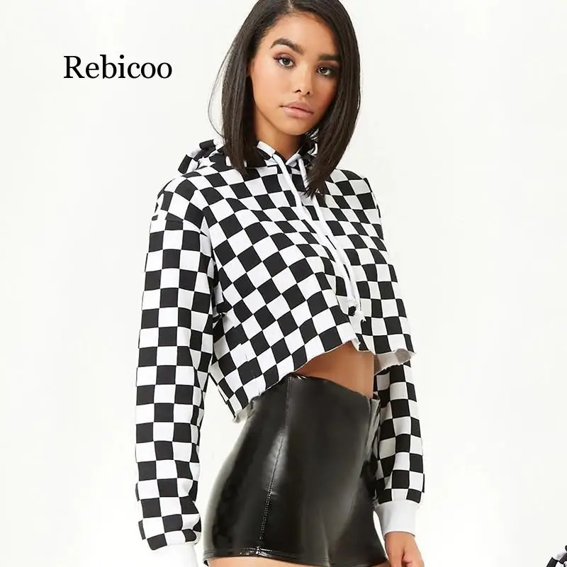 Осенняя Толстовка Harajuku Женская толстовка женские черные белые клетчатые