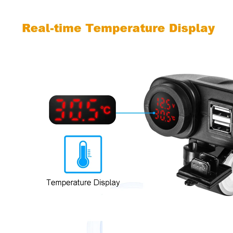 

Motorcycle Phone Charger Digital Display Motorcycle Dual USB Charger Voltmeter Thermometer for Cell Phone