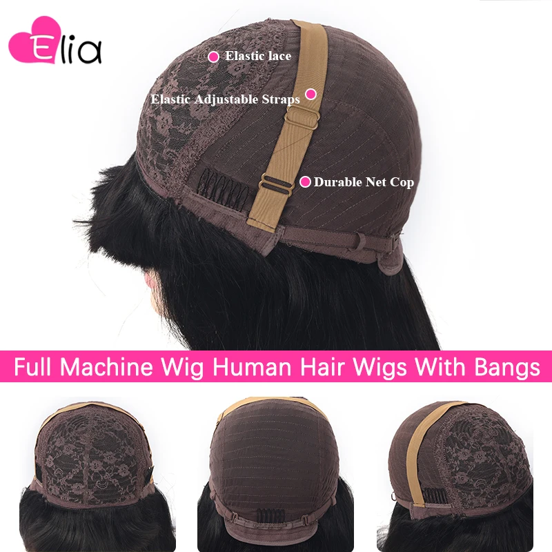 

Elia Brazilian Straight Human Hair Wigs With Bangs Full Machine Human Hair Wigs For Women Bob Human Hair Bangs Wigs 8-16 Inch