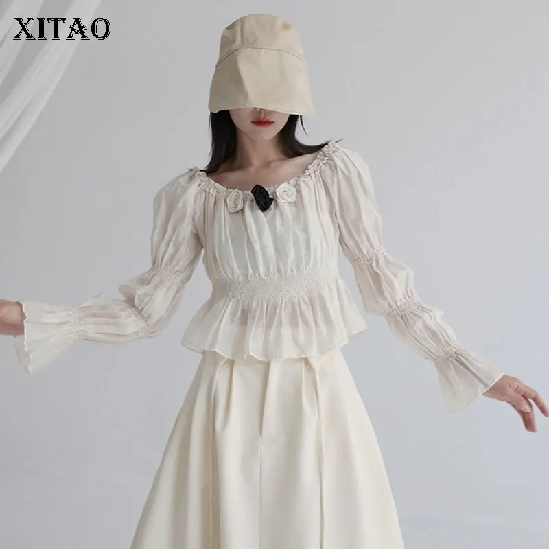 

XITAO Autumn New Women Blouse Fashion Three-dimensional Flower Decoration Pleated All-match Temperament Grace WMD3676