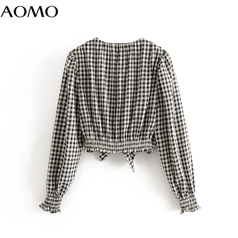 

AOMO women retro plaid print crop shirt long sleeve 2020 summer chic female sexy slim shirt tops 3H239A