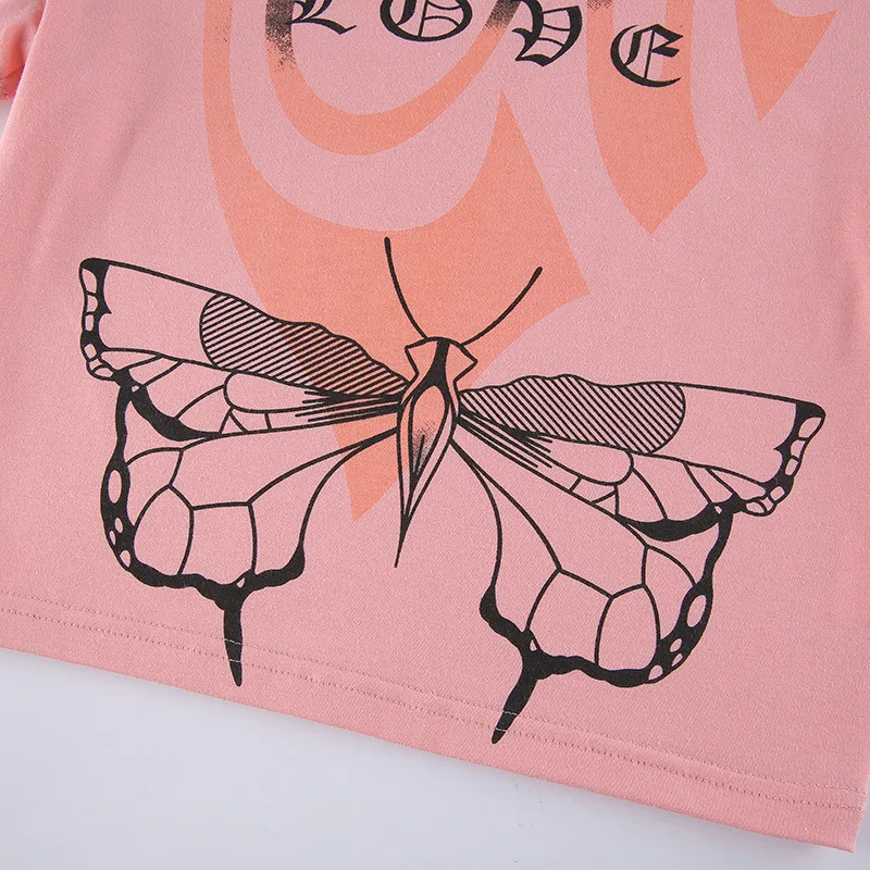 

Summer Fashion Slim Cute Sexy Print Butterfly Letters Short Sleeve Tee SML Pink Woman Casual Short Skinny T-Shirt Lady Crop Top