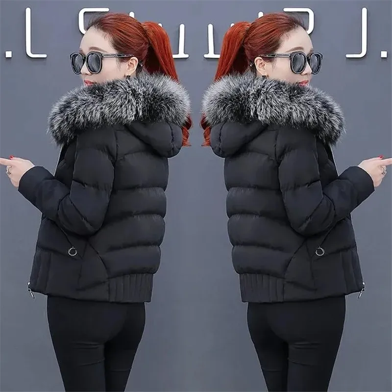 

Женская короткая зимняя куртка с капюшоном и меховым воротником