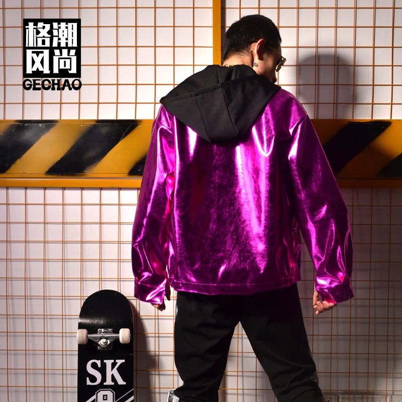 Куртка мужская из искусственной кожи с капюшоном Фиолетовый пиджак свободного