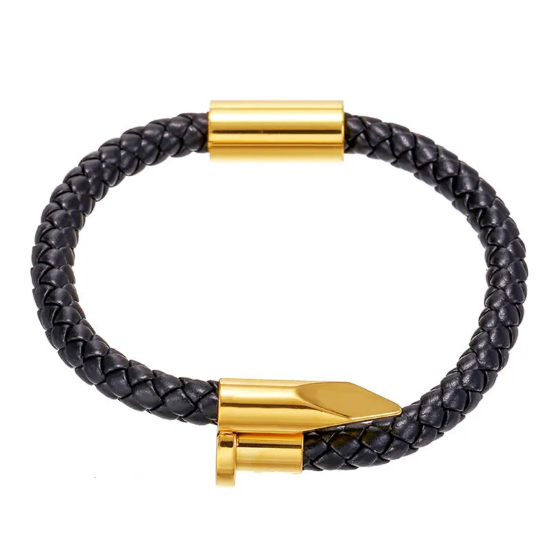 

European and American fashion personality exquisite braided leather stainless steel bracelet male punk titanium steel bracelet