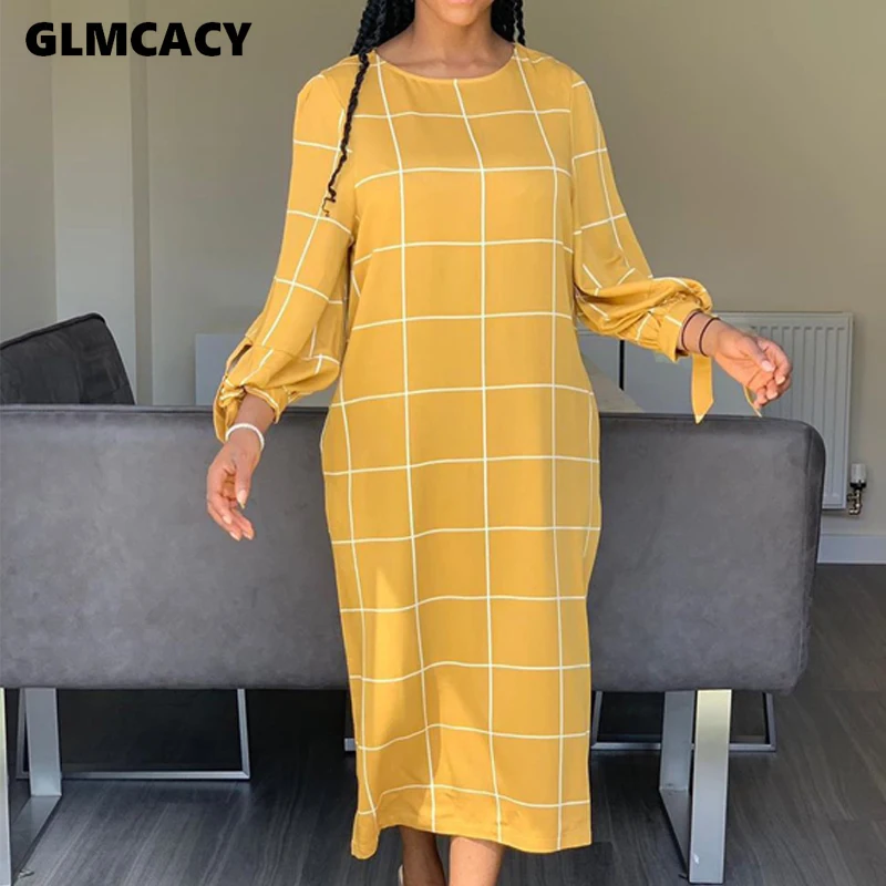 Женское повседневное клетчатое платье с длинным рукавом желтые элегантные