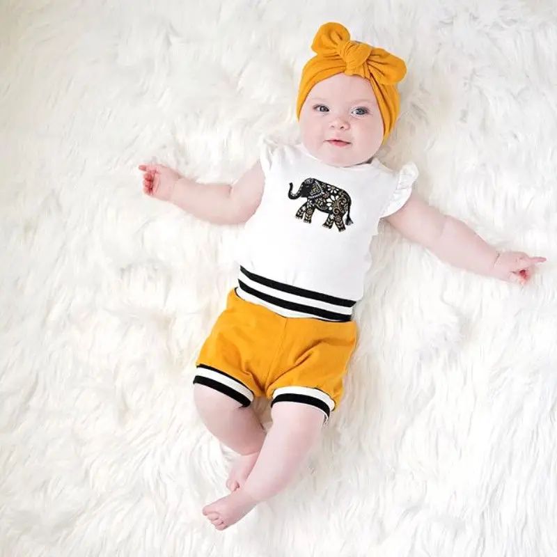 

Infant Baby Girl Romper Bodysuit Top+ Shorts Pants +Headband Clothes Outfit