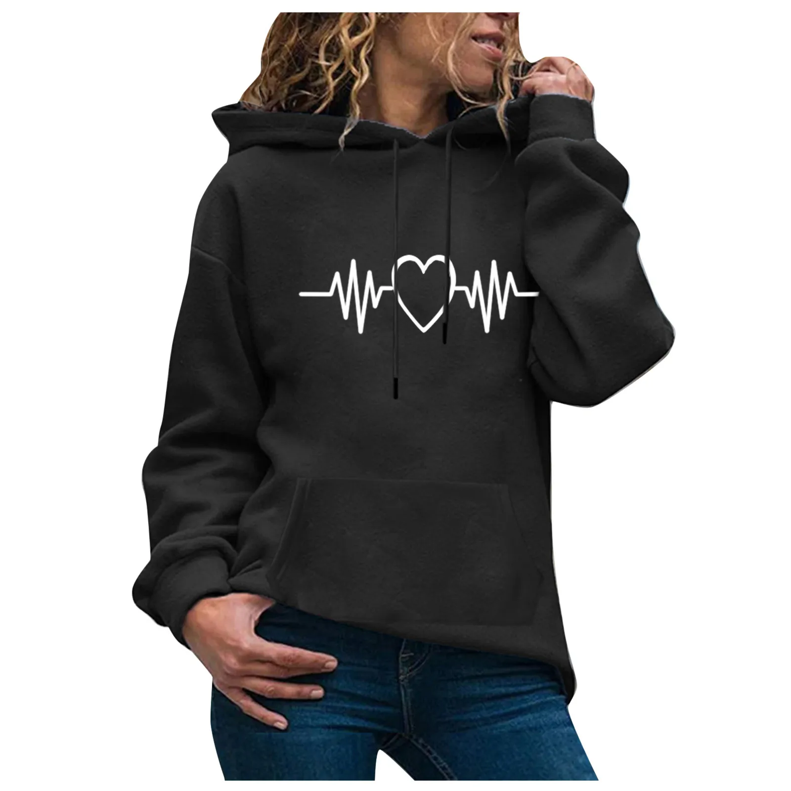 2021 Valentine's Day Love Cardiogram Printing Sweatshirt Women Print Long Sleeve Casual Hooded Casual Pullover Top Blouse #dz