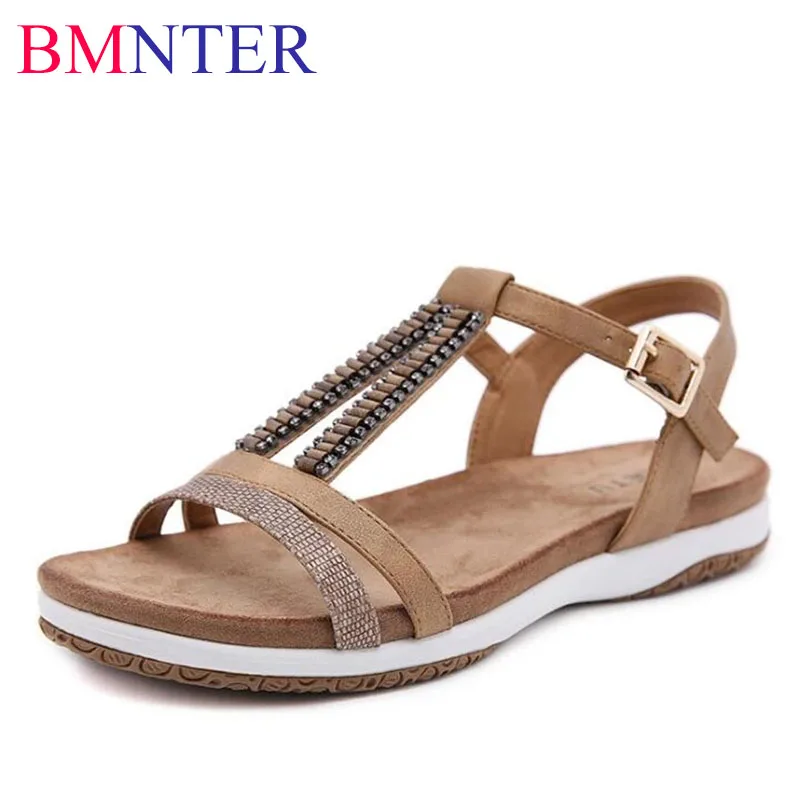 

BMNTER Summer Women's Sandals Beaded Rhinestone Buckle Soft Sole Women's Shoes Ethnic Style Wild Retro Light Women's Sandals